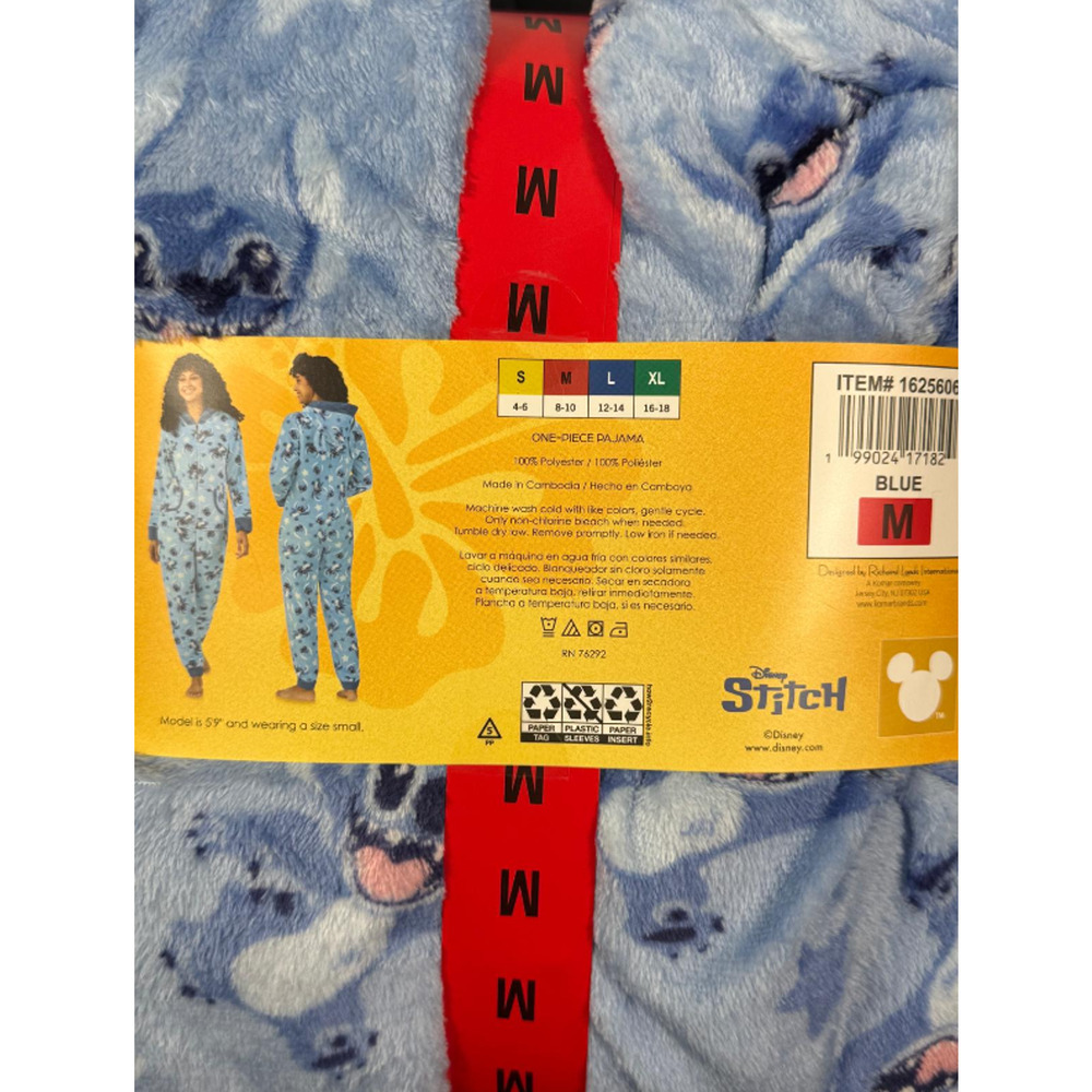 Disney Stitch Women’s One-piece Pajama Blue Jumper 3 D ears Hooded M New - Picture 5 of 5
